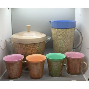 Vintage MCM Raffiaware Acrylic Pitcher, Ice Bucket, & 4 Mugs
